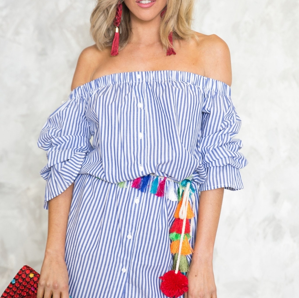 Pinstripe off the shoulder shirt dress